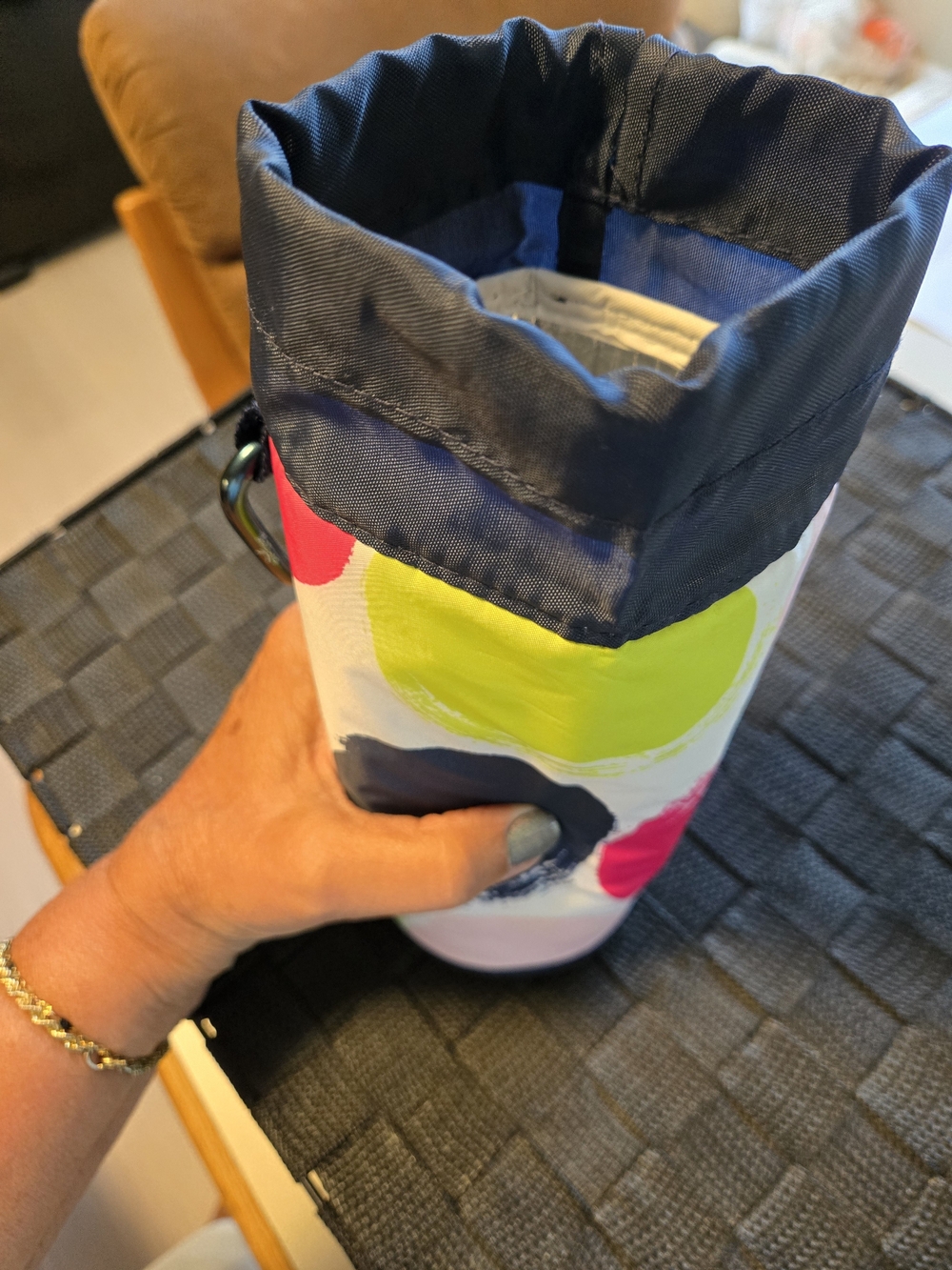 thirty-one Navy Bottle Bag with Lime, Pink & White Dots